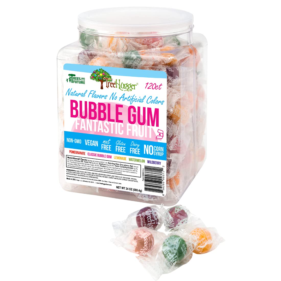 Tree Hugger Bubble Gum - Fantastic Fruit, Natural Flavors, No Artificial Colors, 120 Count Tub