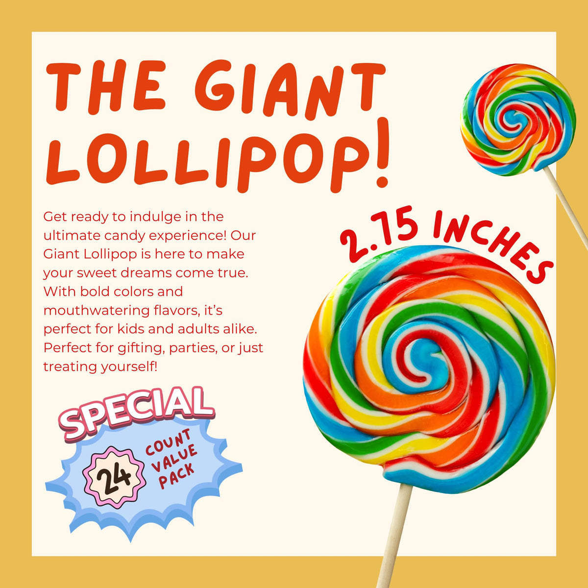 Tree Treasures 24pk Jumbo Rainbow Swirl Lollipops – Extra Large 2.75-inch Suckers on Sticks