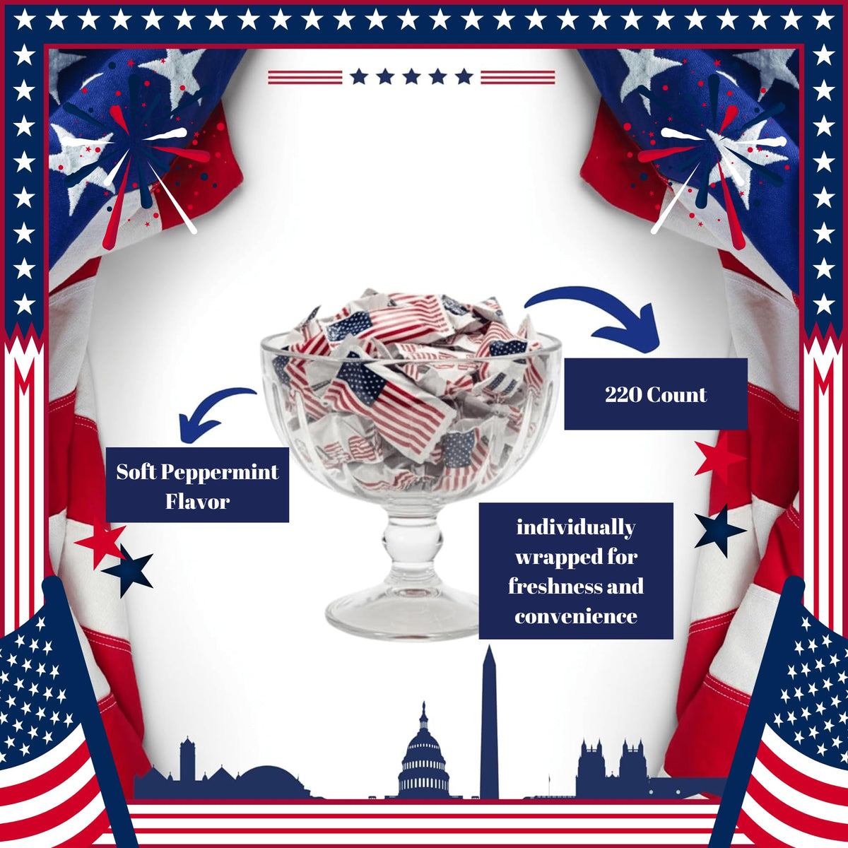 Tree Treasures USA Flag Buttermints 220ct — Patriotic Candy, Individually Wrapped