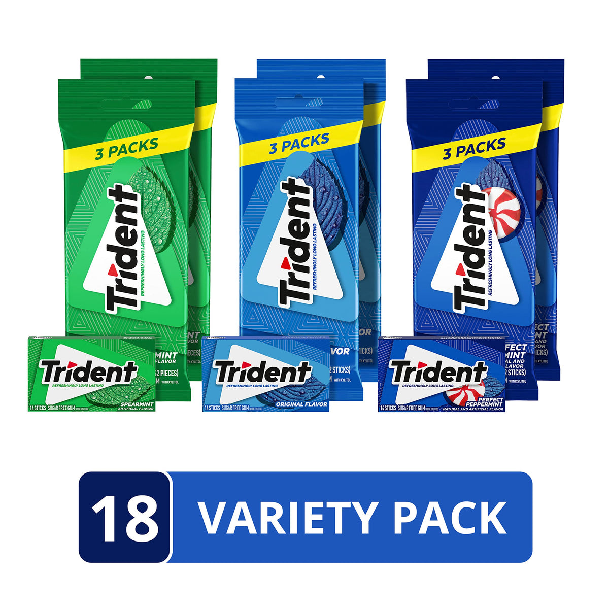 Trident Sugar-Free Gum Variety Pack – Spearmint, Original & Perfect Peppermint (252 Pieces)