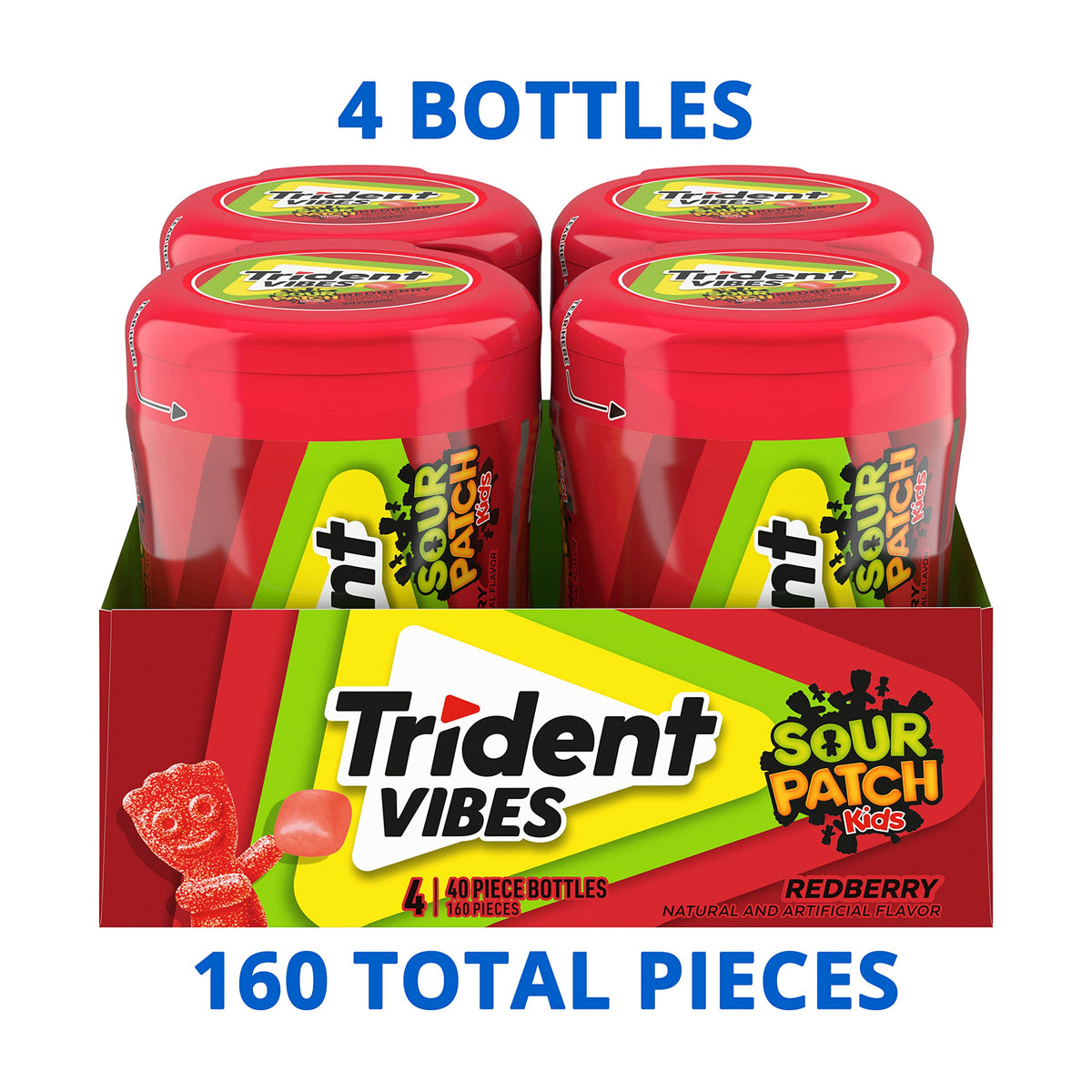 Trident Vibes SOUR PATCH KIDS Redberry Sugar-Free Gum — 160 Pieces in 4 Bottles