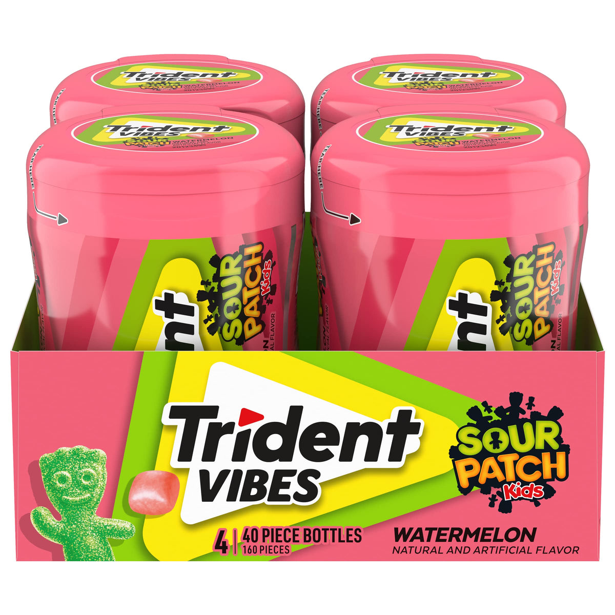 Trident Vibes Sour Patch Kids Watermelon Sugar Free Gum – 4 Bottles (160 Pieces)