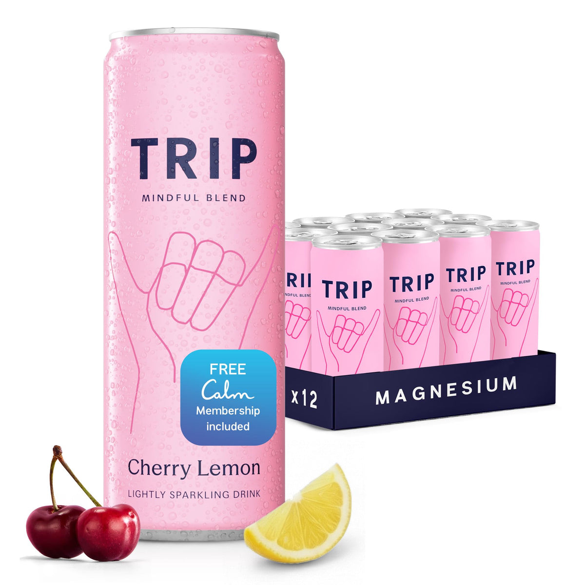 TRIP Lightly Sparkling Adaptogen Drink – Cherry Lemon | Magnesium, Ashwagandha, Lions Mane & L-Theanine, 0% ABV, 25 Calories, 12 oz, 12-Pack