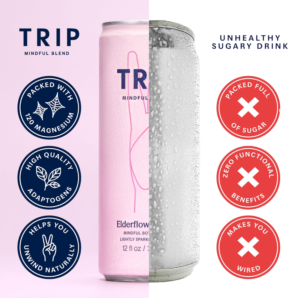 TRIP Lightly Sparkling Adaptogen Drink – 12 oz, 12 Pack | Elderflower Mint, No Added Sugar