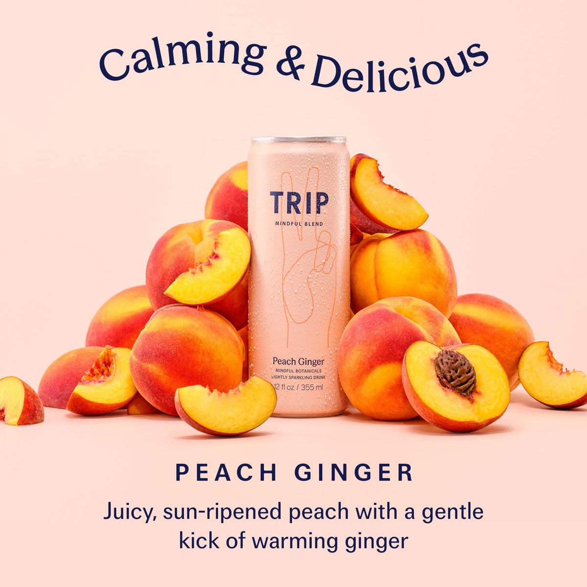 TRIP Lightly Sparkling Adaptogen Drink – Peach Ginger, No Added Sugar, 12 oz Can (12-Pack)