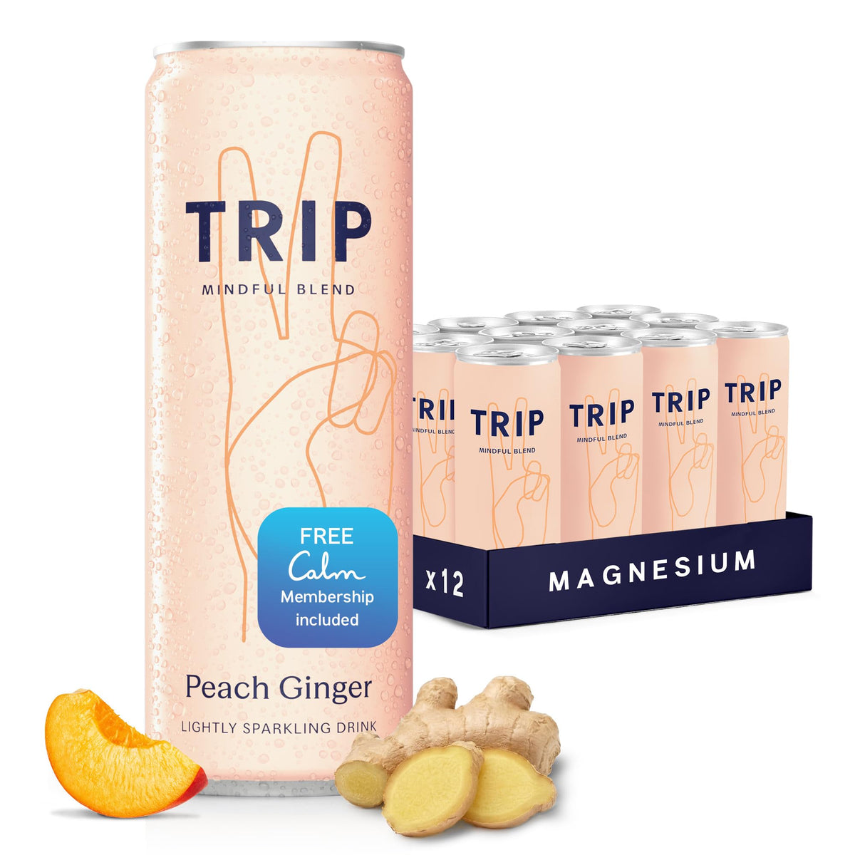 TRIP Lightly Sparkling Adaptogen Drink – Peach Ginger, No Added Sugar, 12 oz Can (12-Pack)