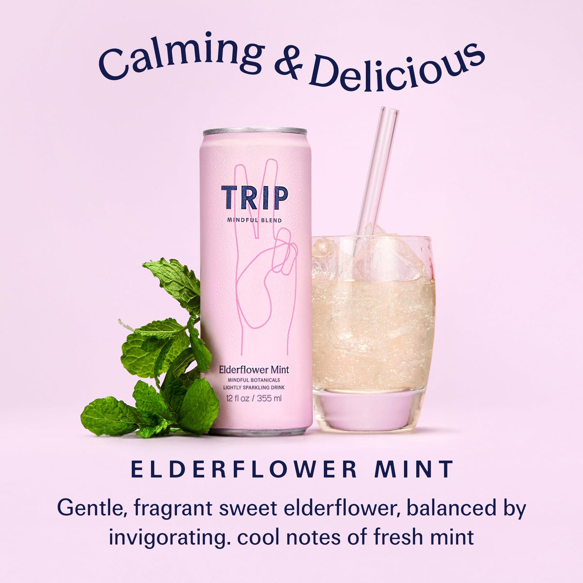 TRIP Lightly Sparkling Adaptogen Drink – 12 oz, 12 Pack | Elderflower Mint, No Added Sugar