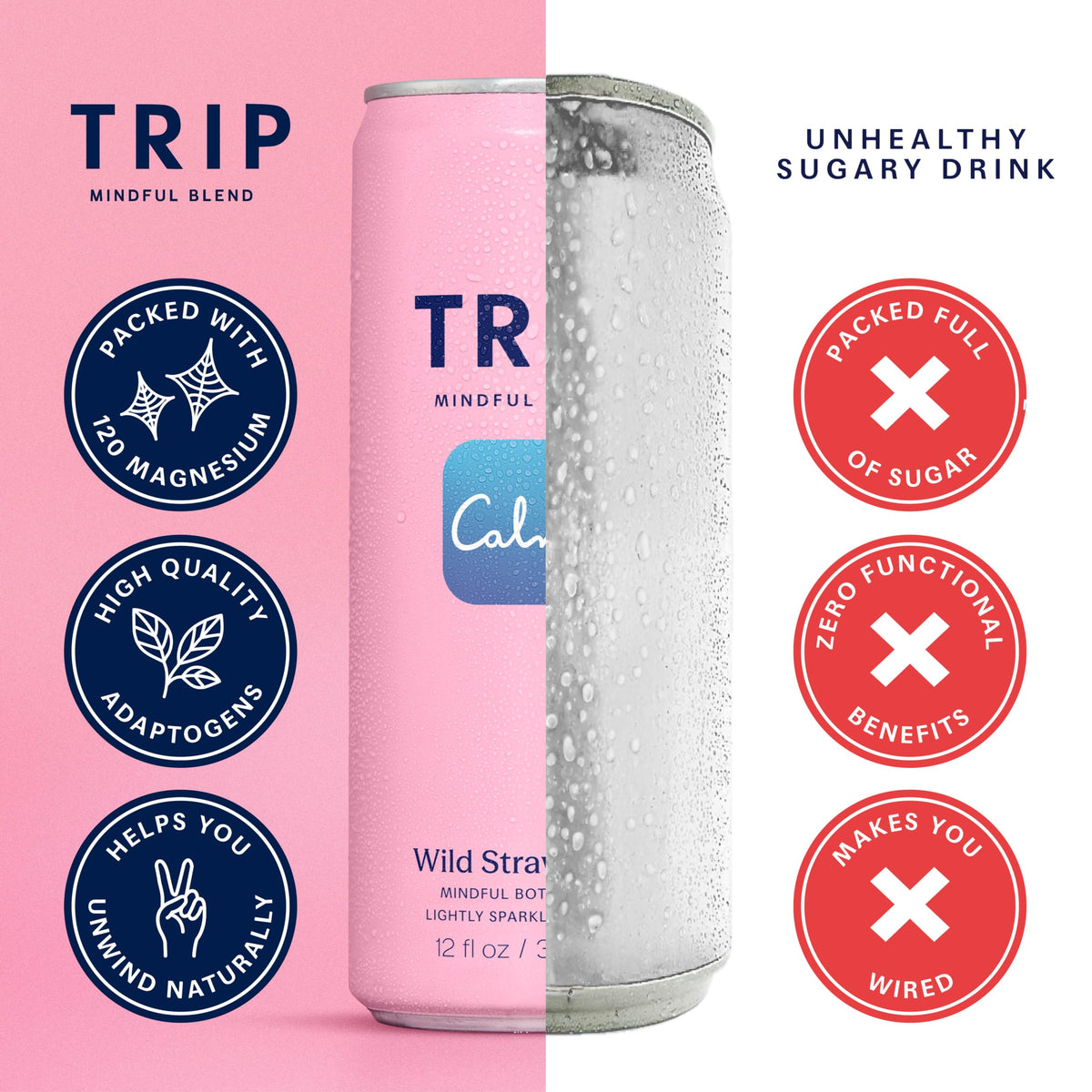 TRIP Lightly Sparkling Wild Strawberry Adaptogen Drink – 0% ABV, 25 Cal, 12 oz Can (12 Pack)