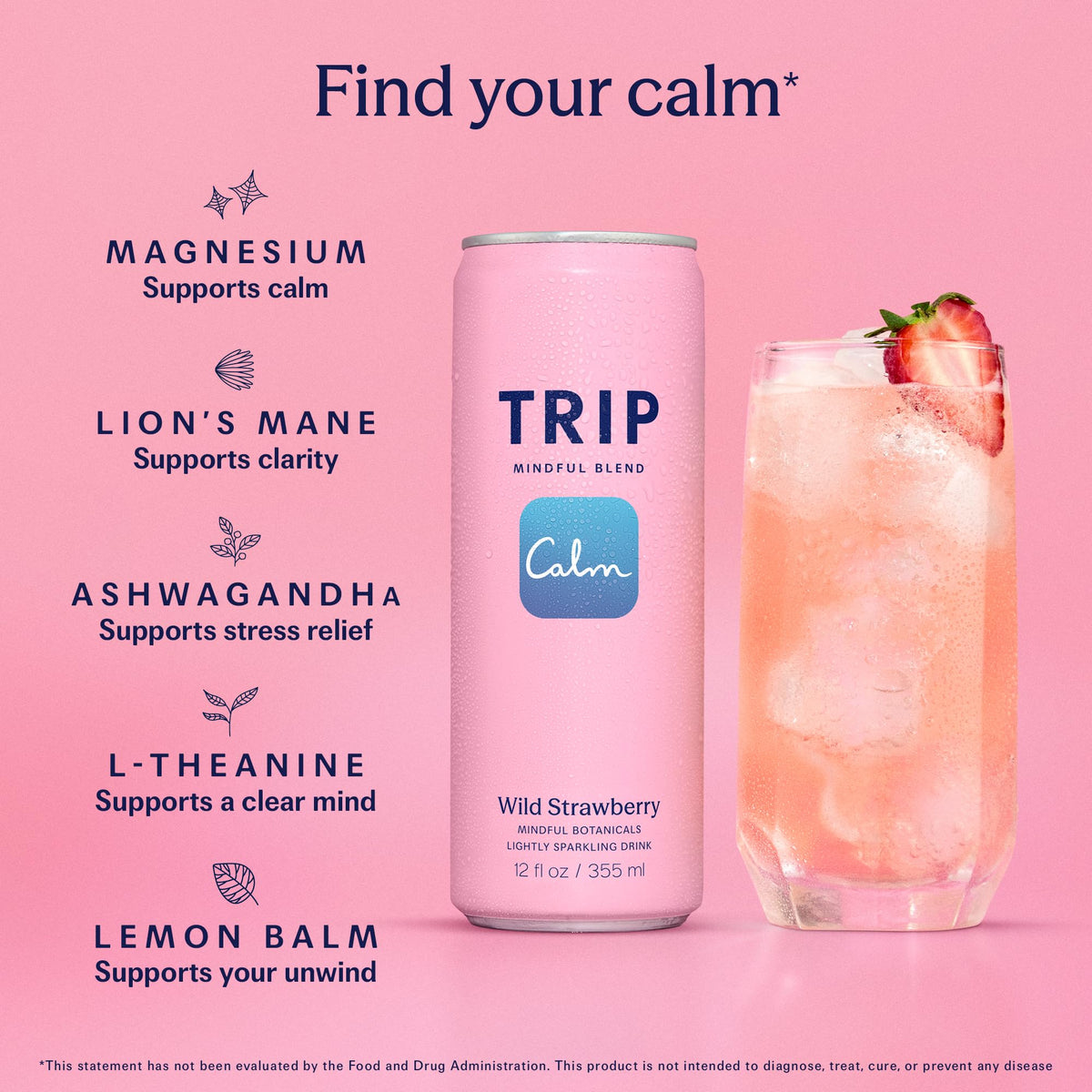 TRIP Lightly Sparkling Wild Strawberry Adaptogen Drink – 0% ABV, 25 Cal, 12 oz Can (12 Pack)
