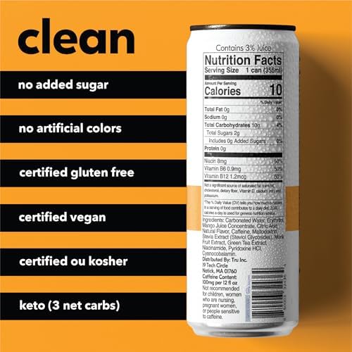 Tru Energy Seltzer Orange Mango – Natural Caffeine, Green Tea & B Vitamins