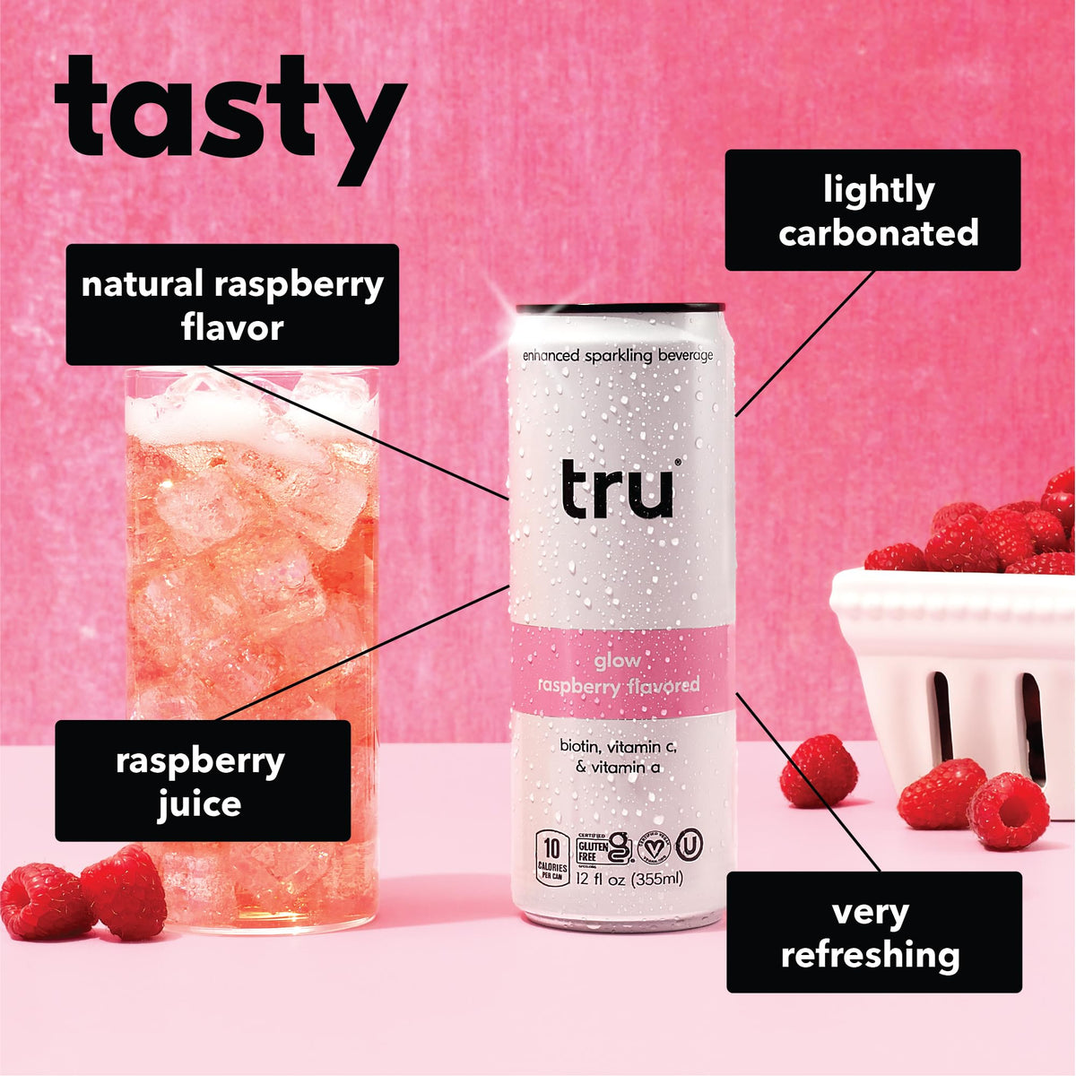 Tru Glow Seltzer Raspberry — Biotin, Vitamin C & A, Real Raspberry Juice, Sugar-Free