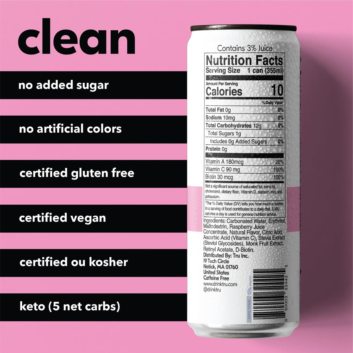 Tru Glow Seltzer Raspberry — Biotin, Vitamin C & A, Real Raspberry Juice, Sugar-Free