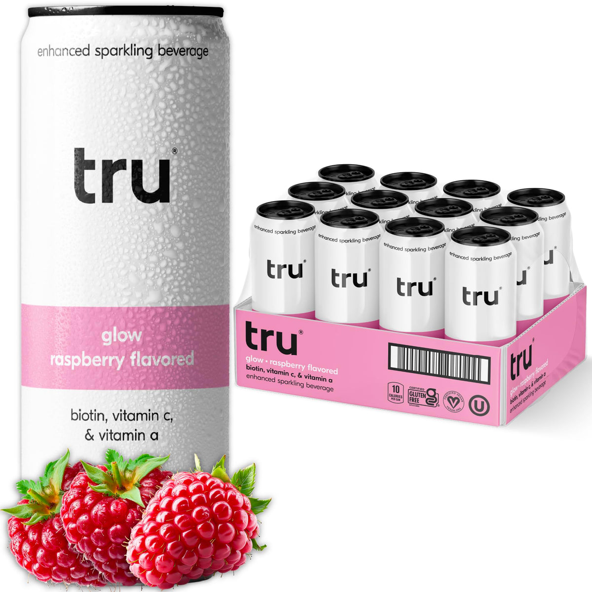 Tru Glow Seltzer Raspberry — Biotin, Vitamin C & A, Real Raspberry Juice, Sugar-Free