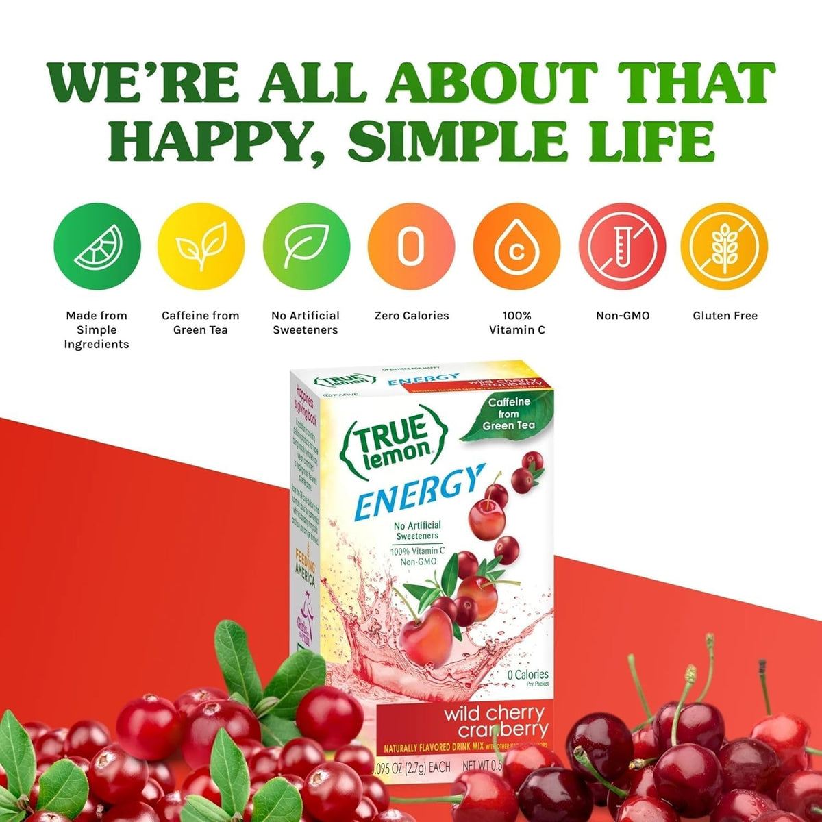 True Lemon Wild Cherry Cranberry Energy Drink Mix – Sugar Free, 120 mg Caffeine, Vitamin C