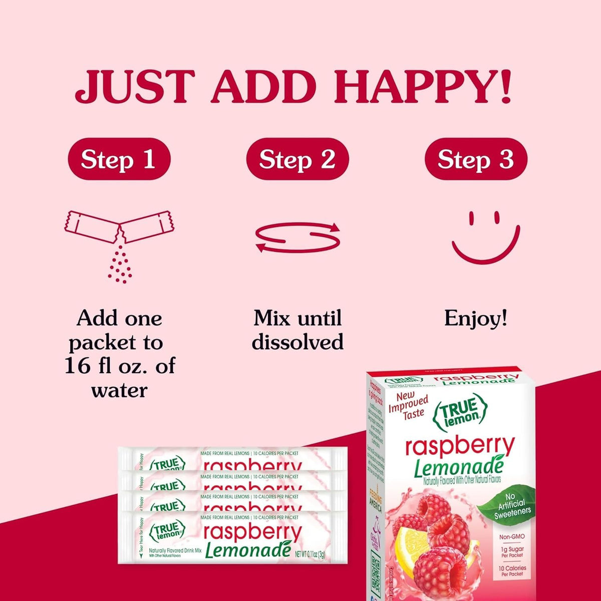 True Lemon Raspberry Lemonade Drink Mix – 12-Pack, 10 Cal per Packet, No Artificial Sweeteners