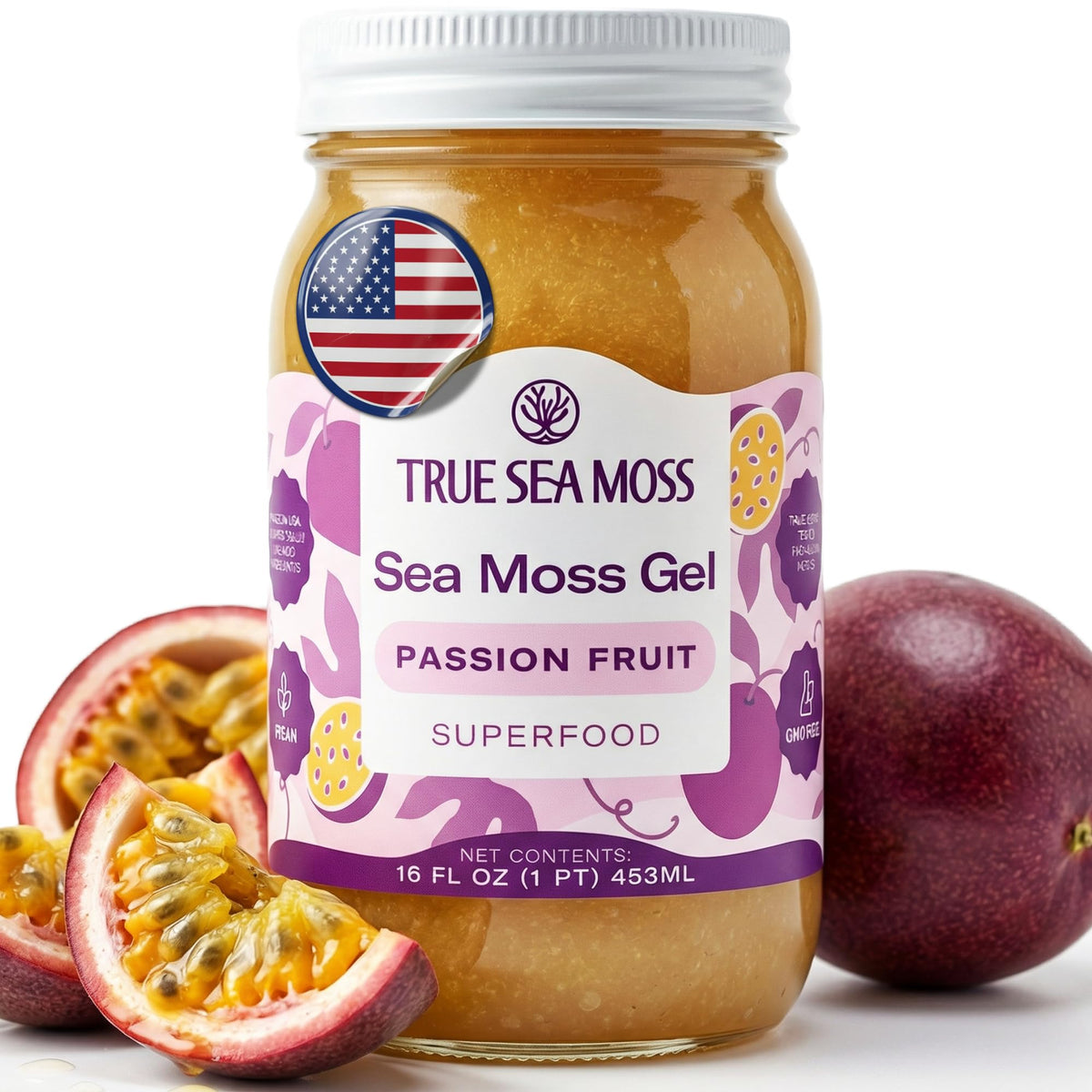 TrueSeaMoss Sea Moss Gel – Passion Fruit, USA Made, Wildcrafted Seamoss – 16oz Jar