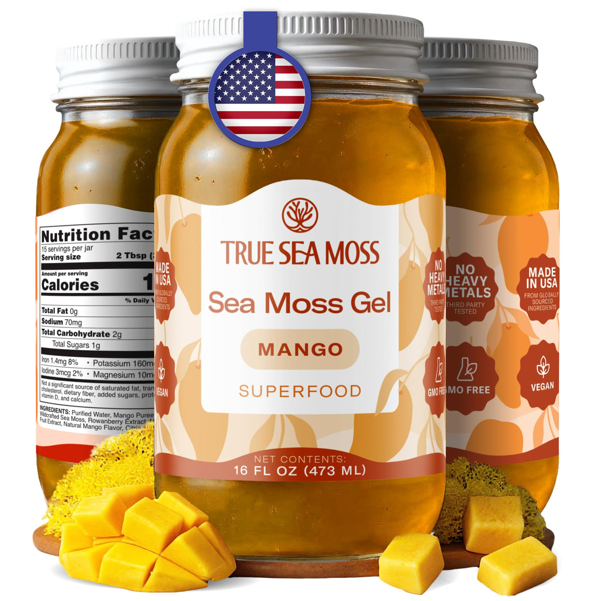 TrueSeaMoss Sea Moss Gel – Mango Flavor, USA Made, 16oz Jar