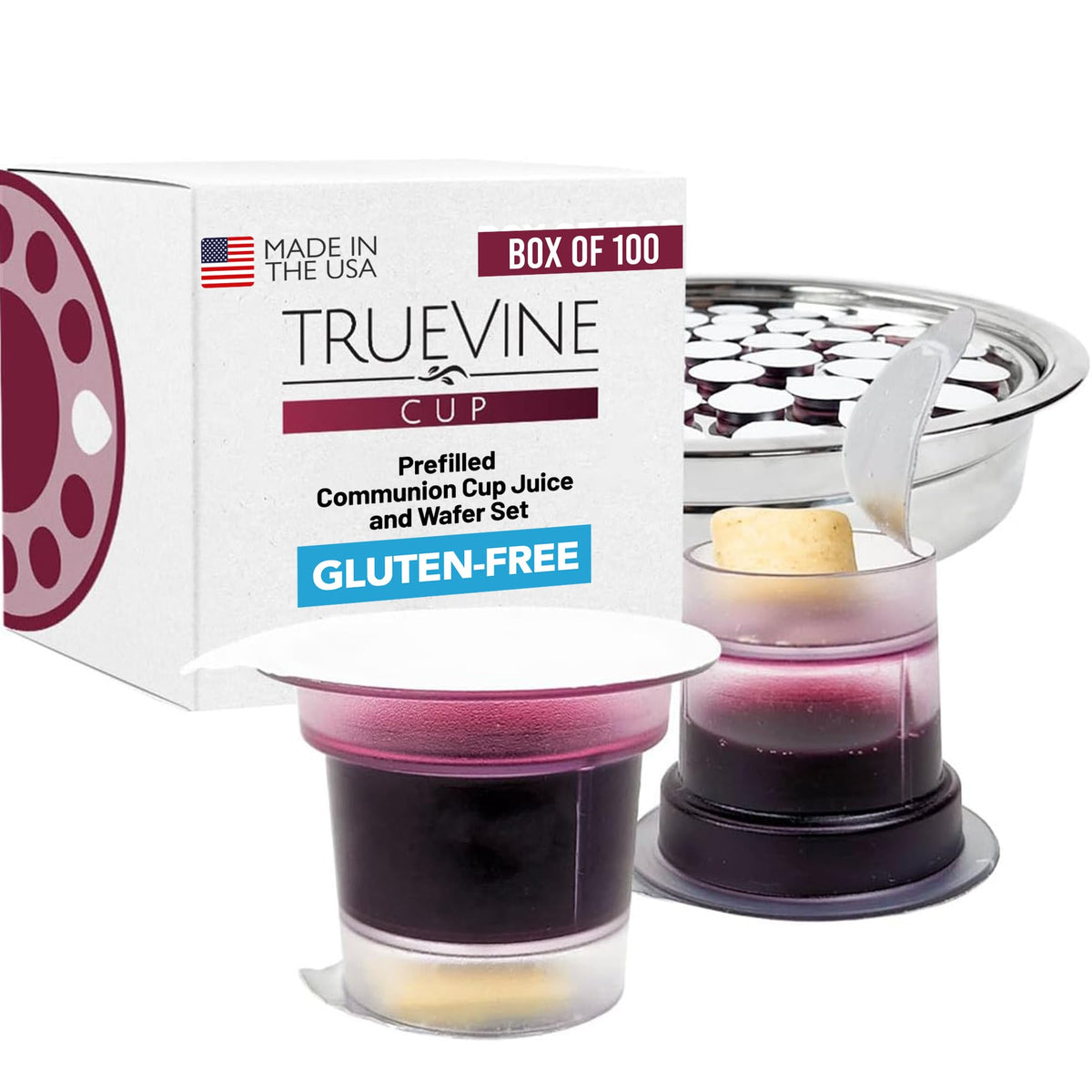 TrueVine Top & Bottom Communion Cups & Wafer Set – Gluten Free Bread & Grape Juice (100 Count)