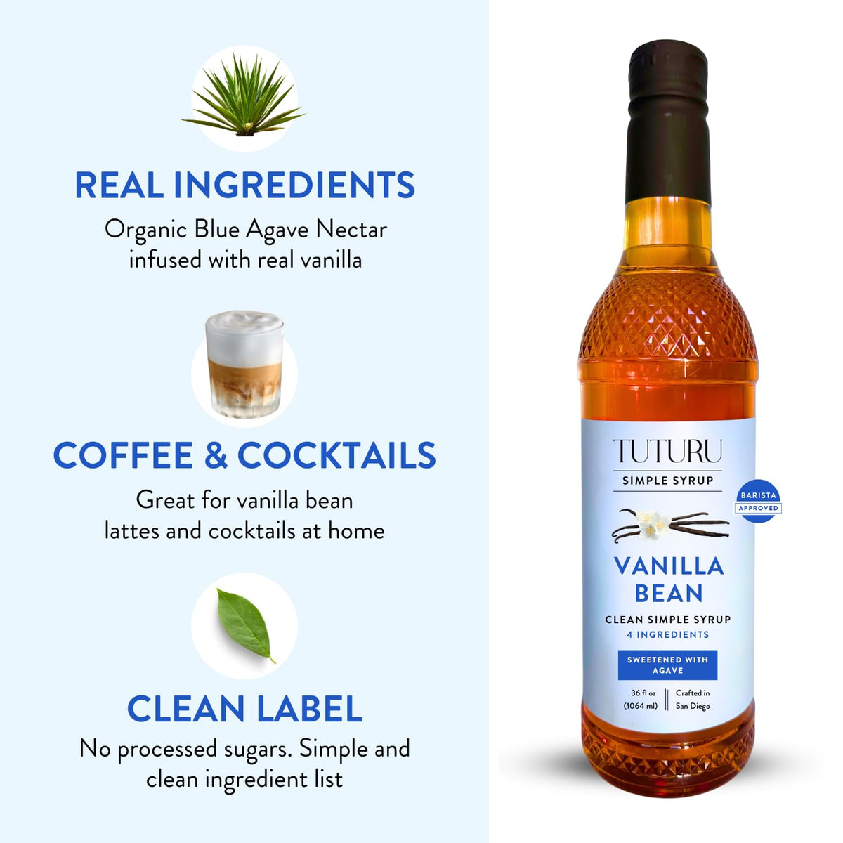 Tuturu Botanical Coffee Vanilla Agave Syrup – Real Vanilla & Organic Agave, 36 oz