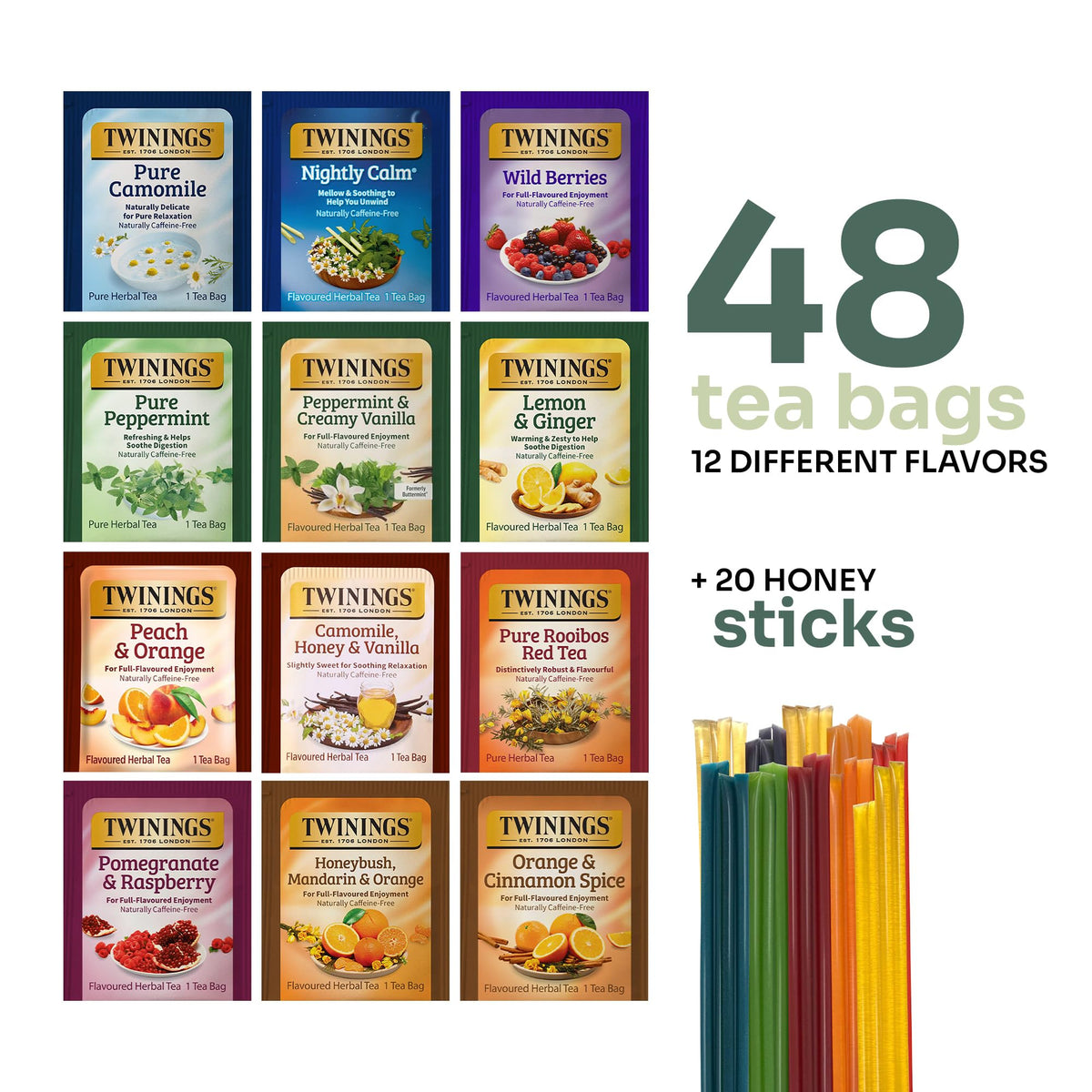 Twinings 48 Tea Bags Herbal Variety Pack + 20 Honey Sticks | Caffeine-Free Gift Set