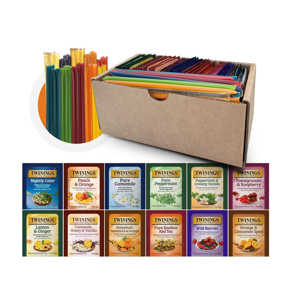Twinings 48 Tea Bags Herbal Variety Pack + 20 Honey Sticks | Caffeine-Free Gift Set