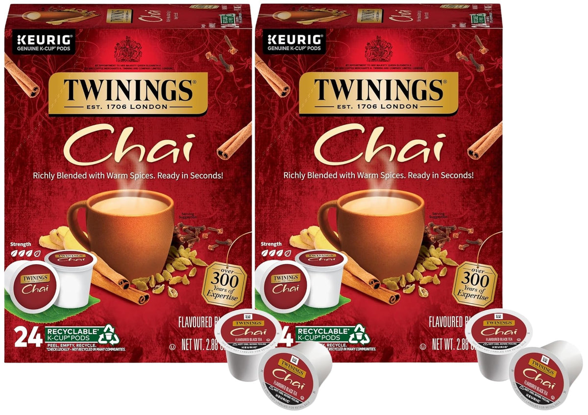 Twinings Chai Black Tea K-Cup Pods (Pack of 2, 48 Count) – Hot or Iced