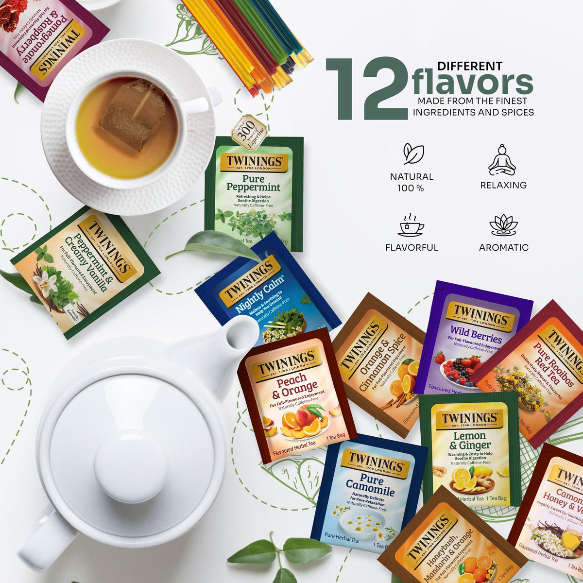 Twinings 48 Tea Bags Herbal Variety Pack + 20 Honey Sticks | Caffeine-Free Gift Set