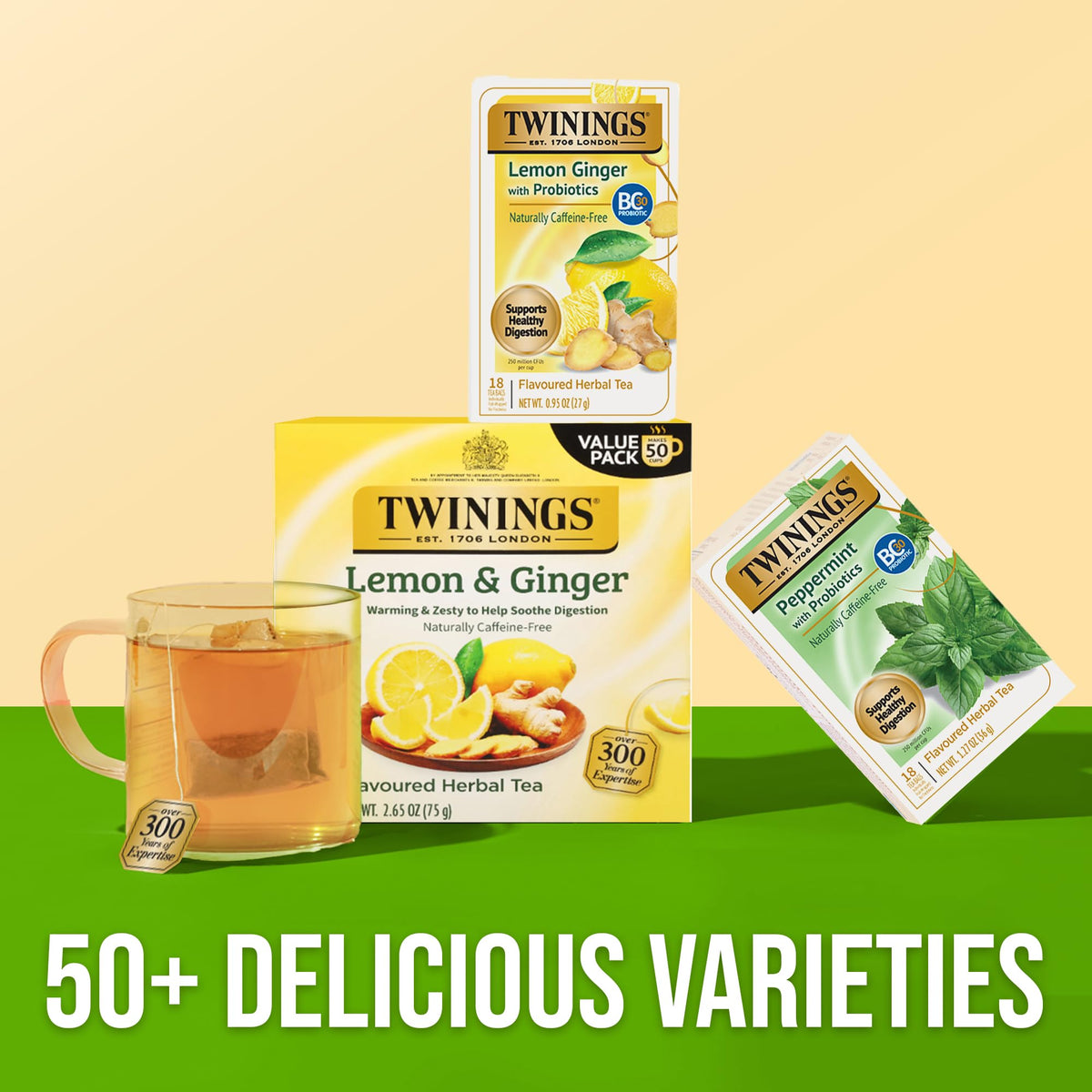 Twinings Lemon & Ginger with Probiotics — Caffeine-Free Herbal Tea, Digestive Support, 108 Bags