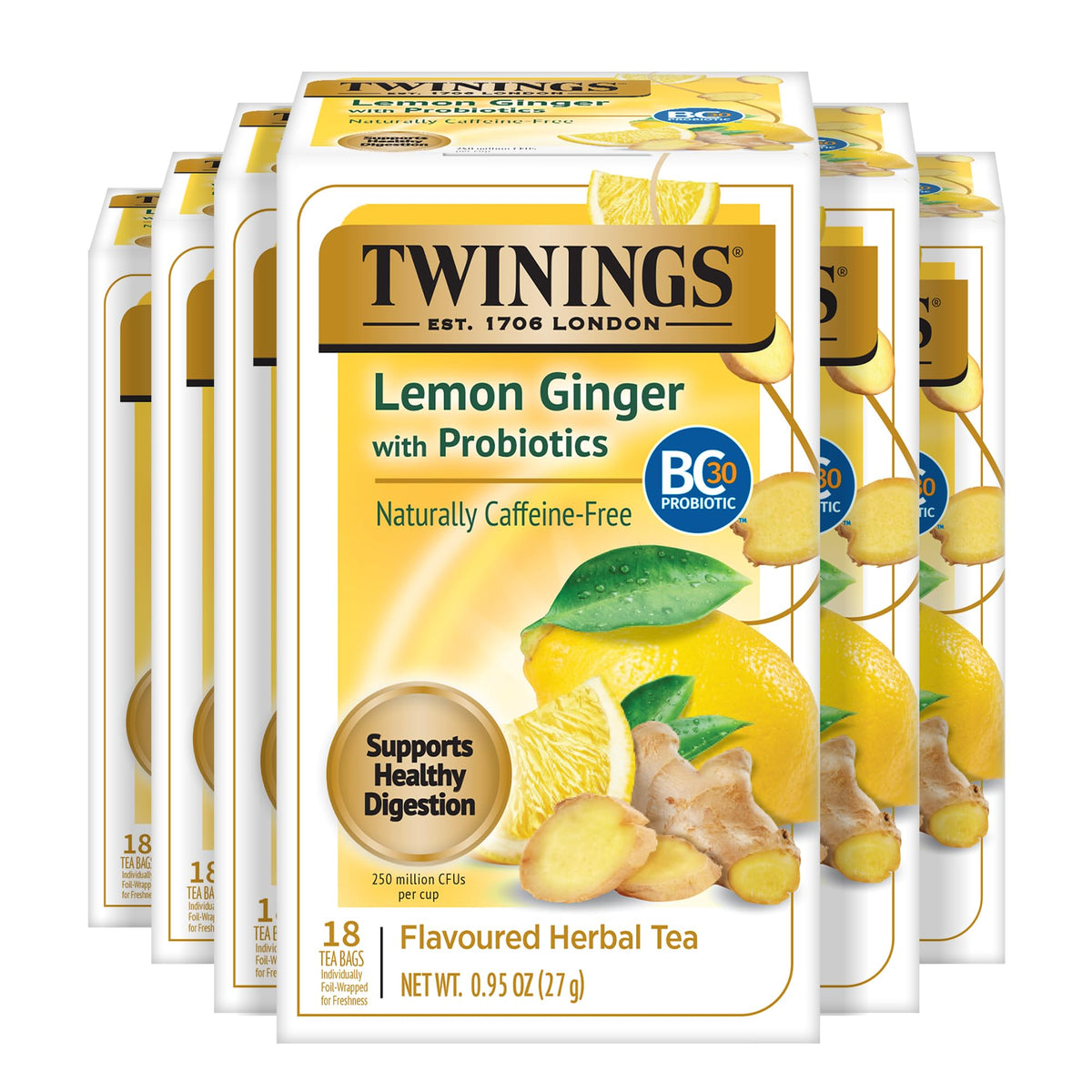 Twinings Lemon & Ginger with Probiotics — Caffeine-Free Herbal Tea, Digestive Support, 108 Bags