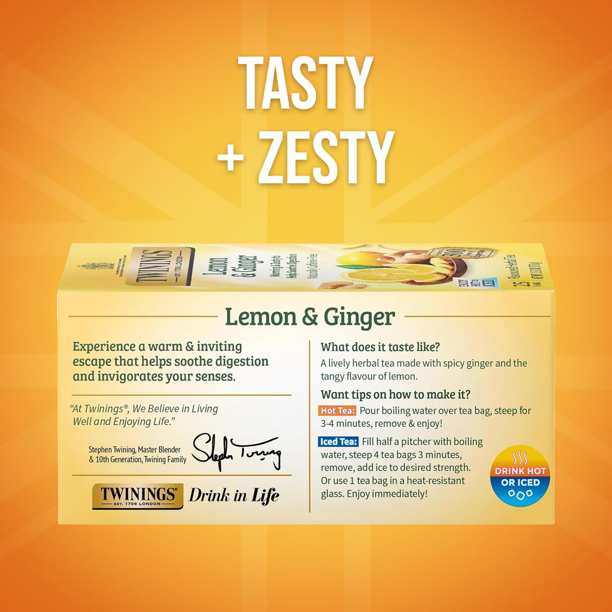 Twinings Lemon & Ginger Herbal Tea — Caffeine-Free, Individually Wrapped Bags (150 Bags, 6-Pack)