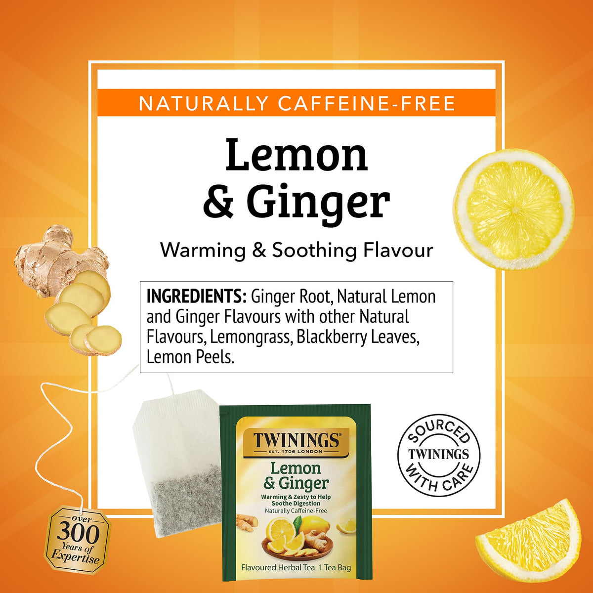 Twinings Lemon & Ginger Herbal Tea — Caffeine-Free, Individually Wrapped Bags (150 Bags, 6-Pack)