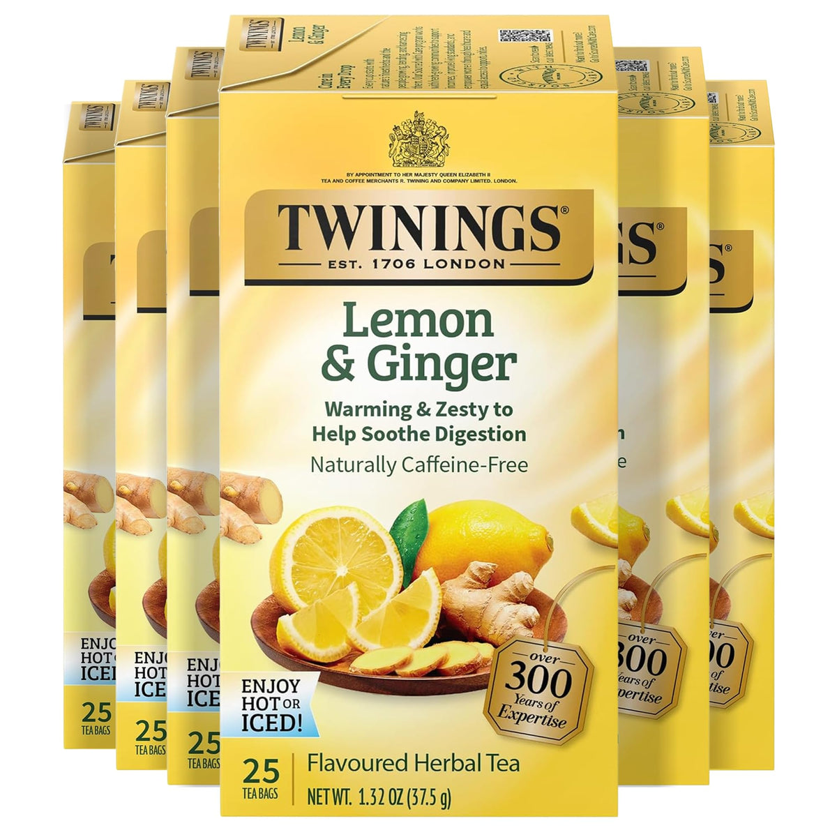 Twinings Lemon & Ginger Herbal Tea — Caffeine-Free, Individually Wrapped Bags (150 Bags, 6-Pack)