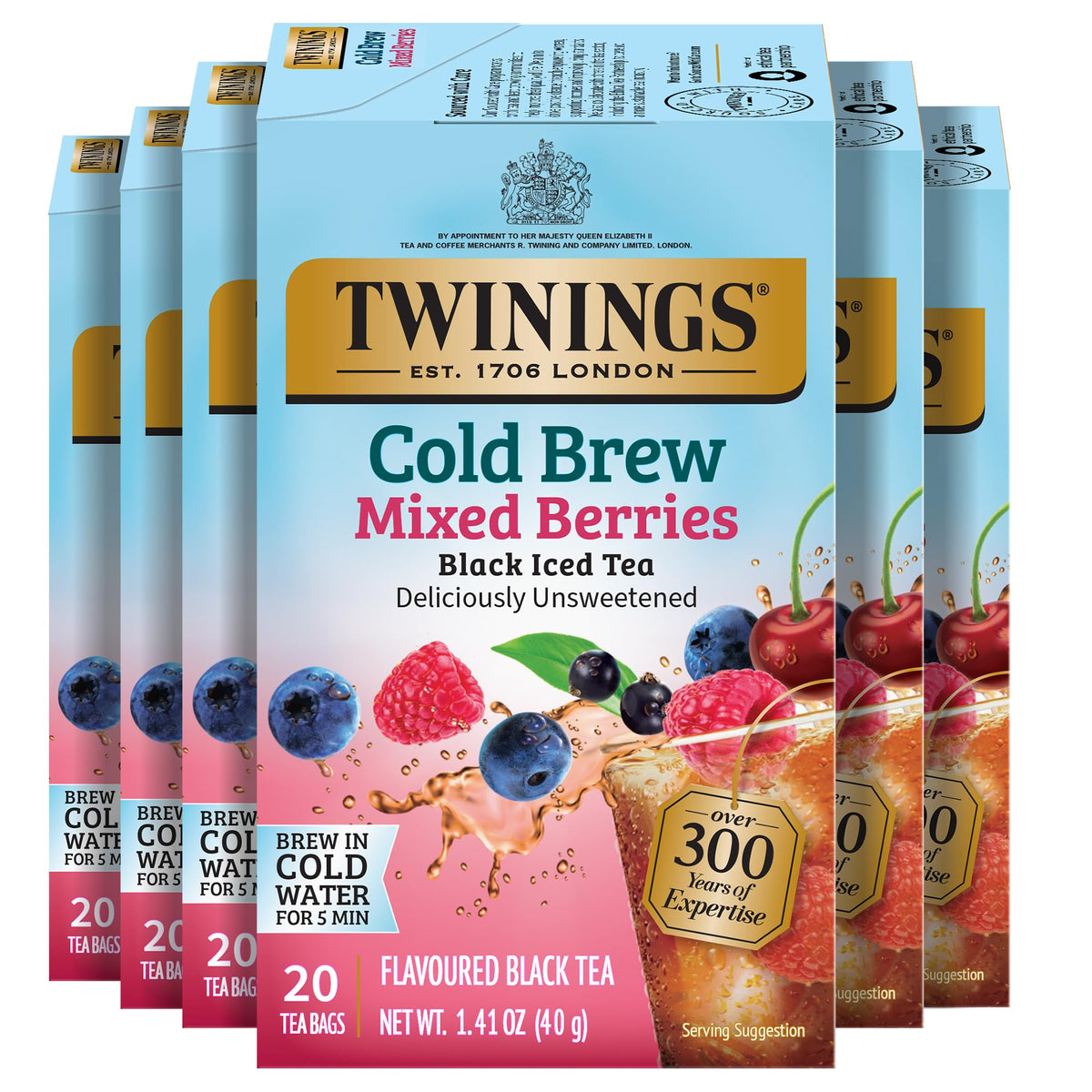 Twinings Mixed Berries Cold Brew Iced Tea Bags – 6 Boxes (120 Count), Unsweetened Flavored Black Tea, Caffeinated