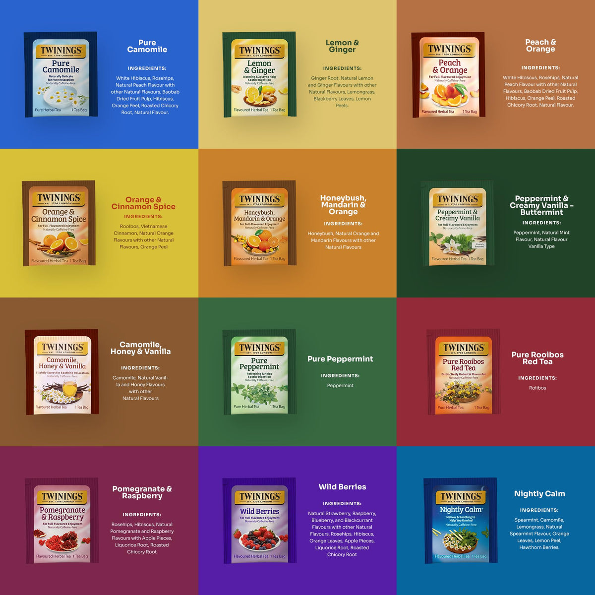 Twinings 48 Tea Bags Herbal Variety Pack + 20 Honey Sticks | Caffeine-Free Gift Set