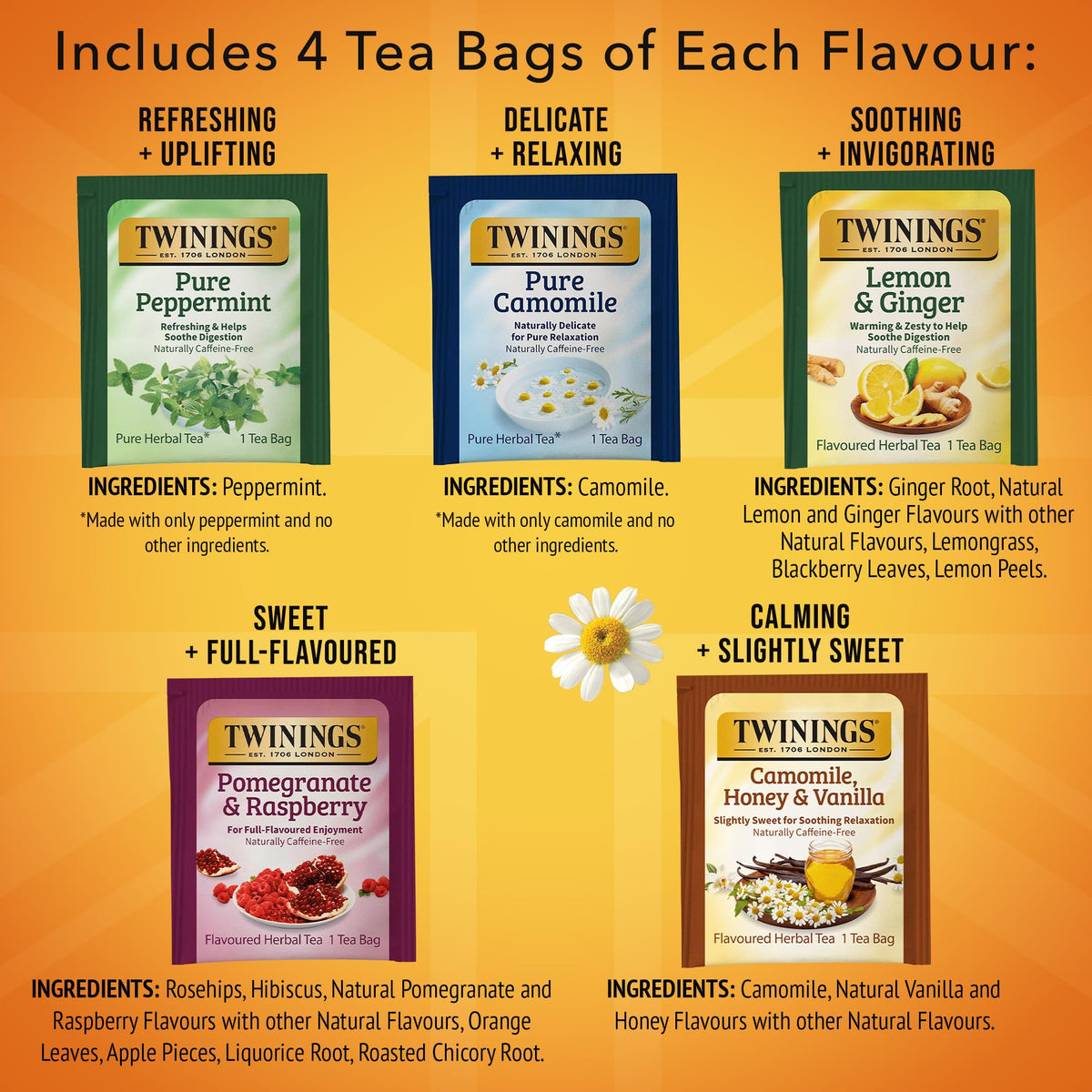Twinings Herbal Tea Variety Pack – 120 Teabags, 6 Boxes, 5 Flavours, Naturally Caffeine-Free