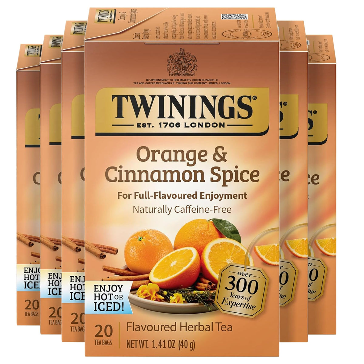 Twinings Orange & Cinnamon Spice Herbal Tea, Individually Wrapped Bags – Naturally Caffeine-Free, 120 Bags (Pack of 6)