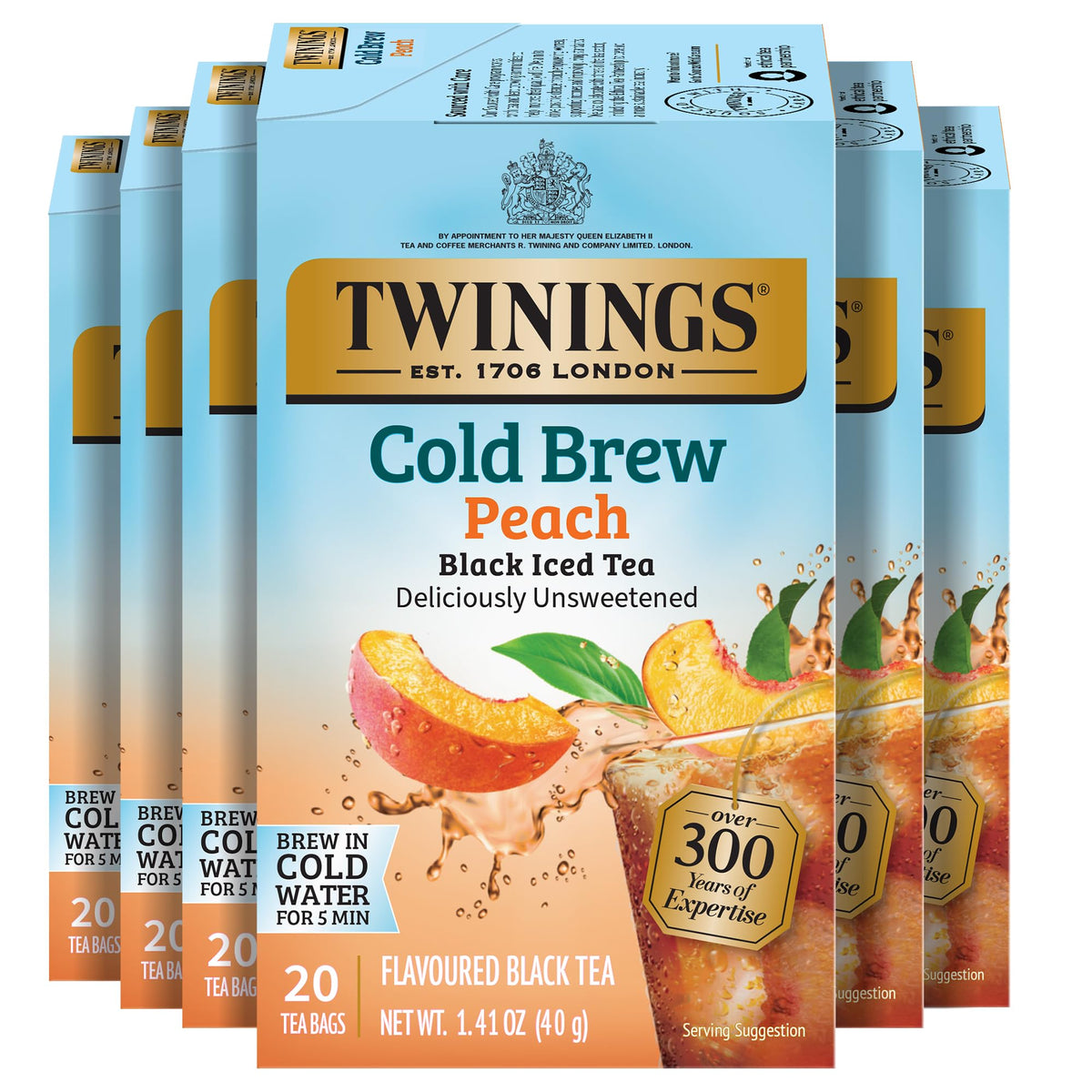 Twinings Peach Cold Brew Iced Tea Bags — 6 Pack (120 Bags), Unsweetened Black Tea with Peach Flavor, Caffeinated