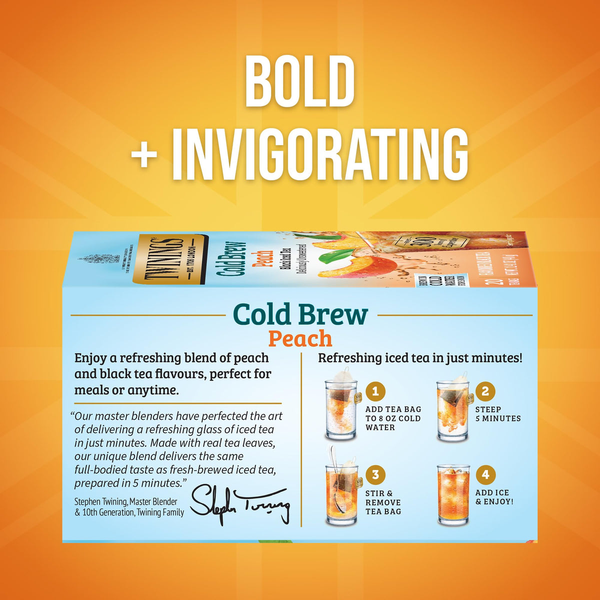 Twinings Peach Cold Brew Iced Tea Bags — 6 Pack (120 Bags), Unsweetened Black Tea with Peach Flavor, Caffeinated