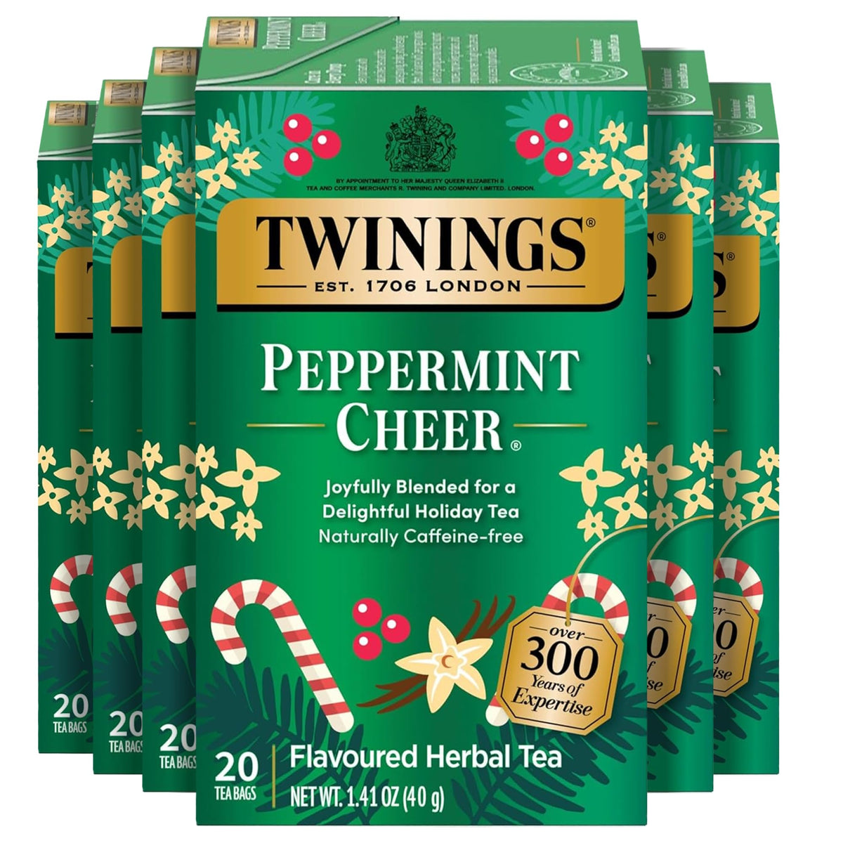 Twinings Peppermint Cheer Herbal Tea – Vanilla Peppermint Infusion, Caffeine-Free, 120 Bags (Pack of 6)