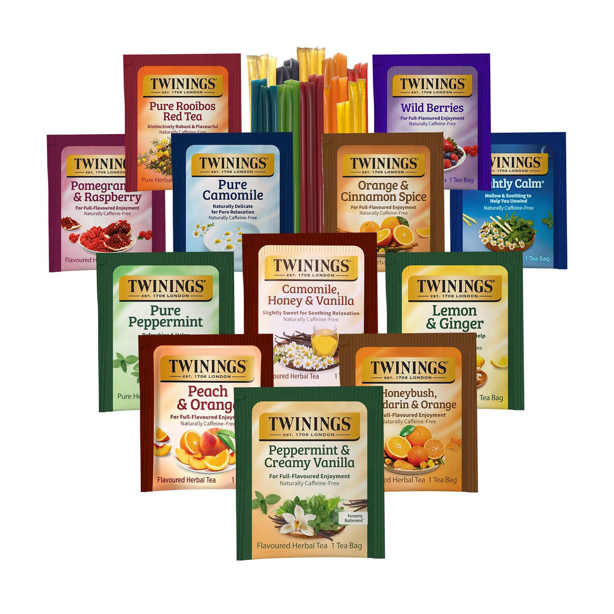Twinings 48 Tea Bags Herbal Variety Pack + 20 Honey Sticks | Caffeine-Free Gift Set