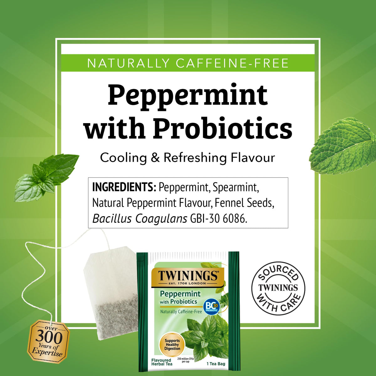 Twinings Peppermint with Probiotics Herbal Tea – 96 Teabags, Caffeine-Free Digestive Support