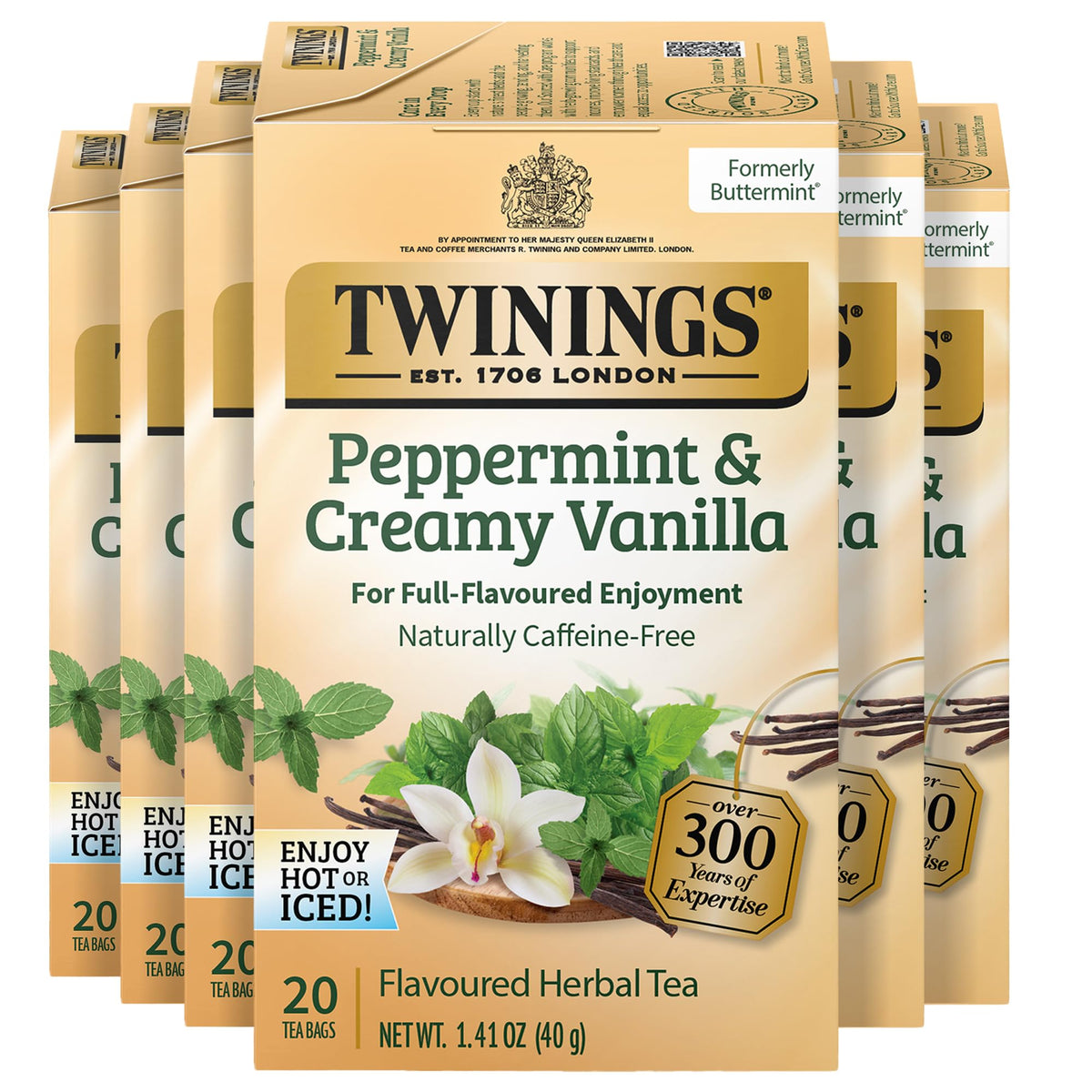 Twinings Peppermint & Creamy Vanilla Herbal Tea — Naturally Caffeine-Free, 120 Bags (Pack of 6)