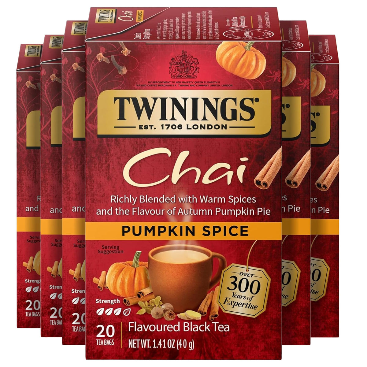 Twinings Pumpkin Spice Chai Black Tea Bags – 120 Count, Individually Wrapped, Pack of 6 (Hot or Iced)