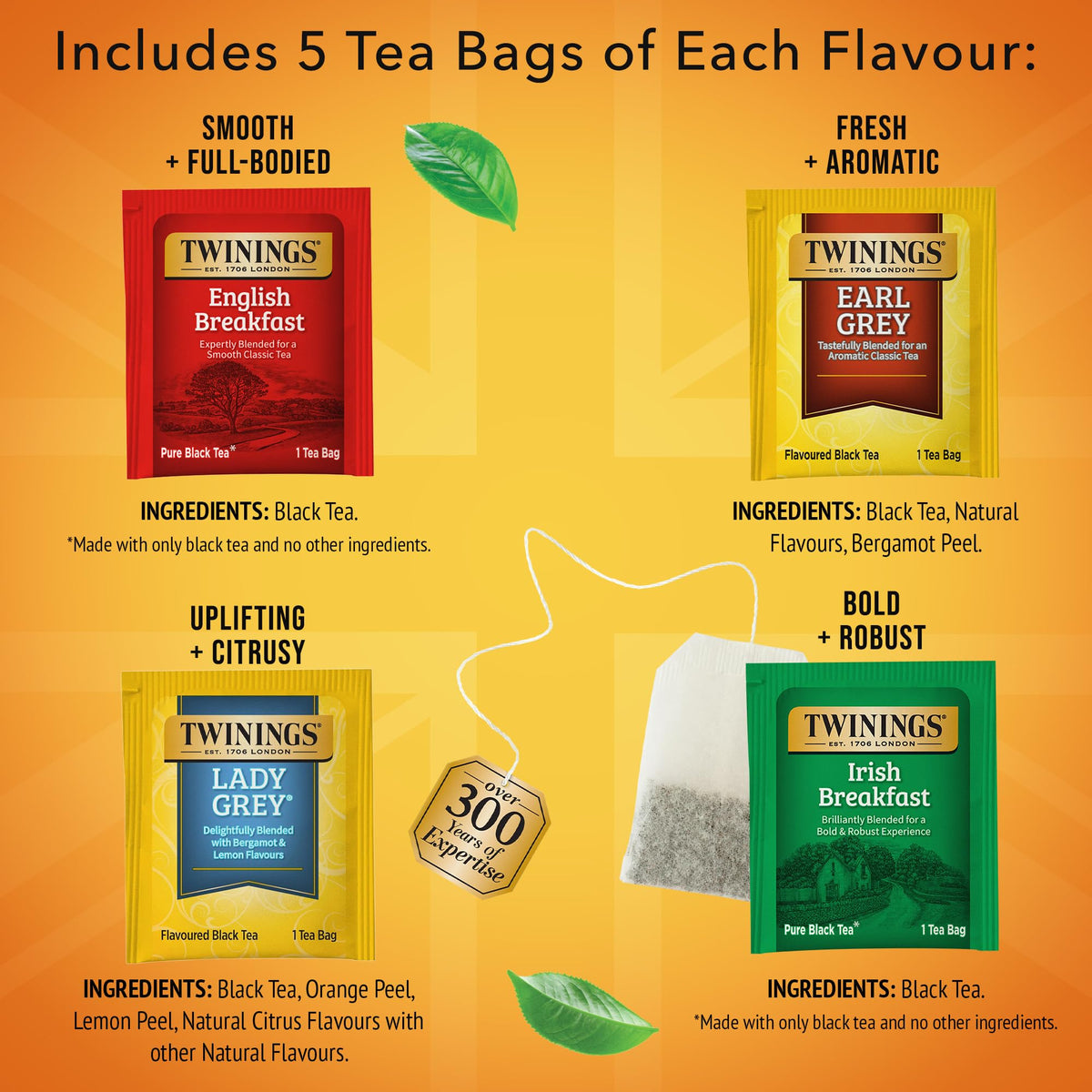 Twinings Variety Pack Black Tea Bags — 120 Count (6 Boxes) English Breakfast, Earl Grey, Irish Breakfast, Lady Grey