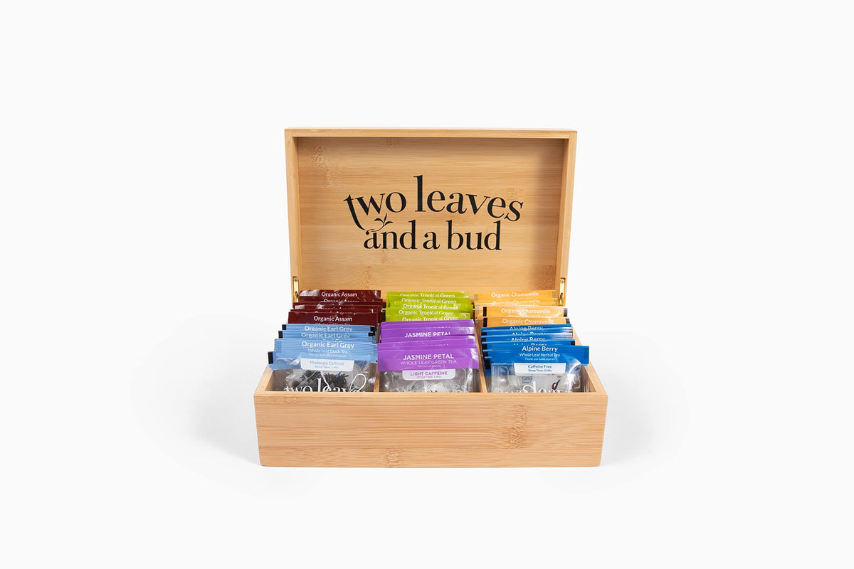 Two Leaves and a Bud Organic Tea Sampler – 6-Slot Bamboo Gift Box (Green, Black & Herbal Teas)