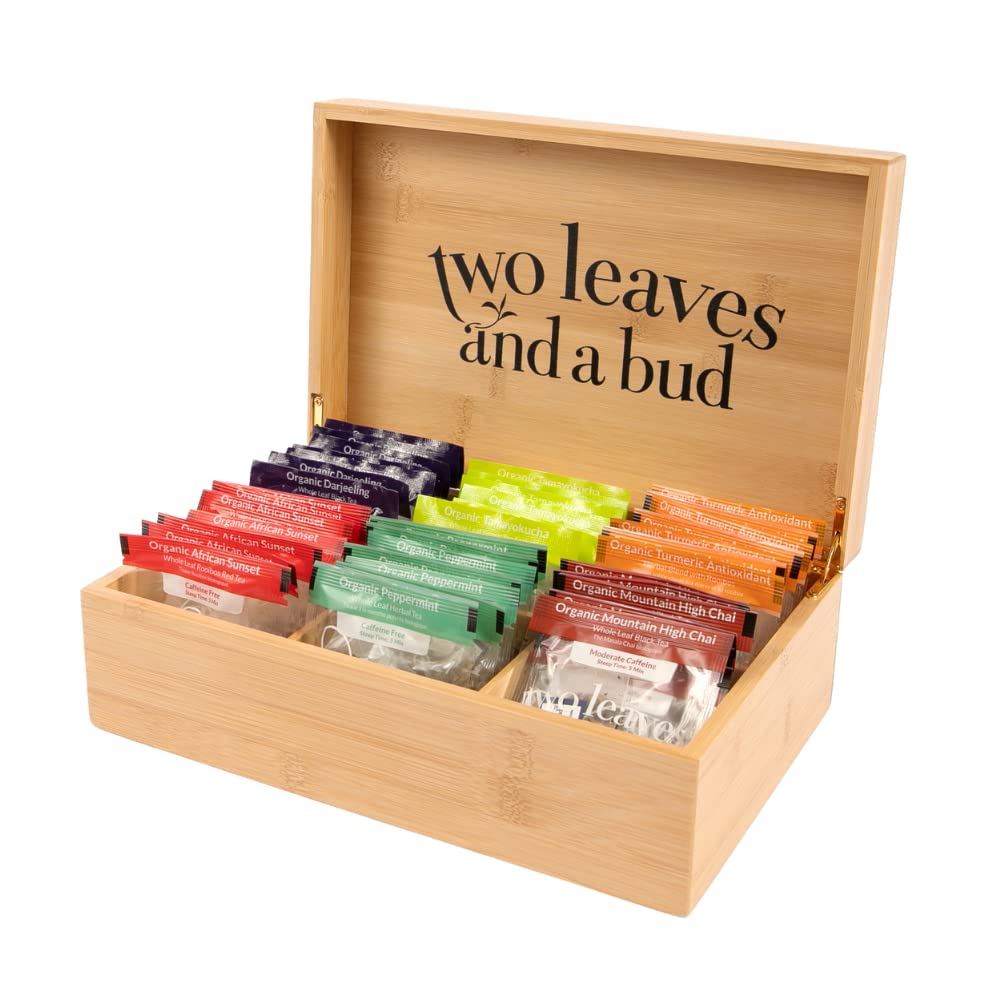 Two Leaves and a Bud Organic Tea Sampler – 6-Slot Bamboo Gift Box (Green, Black & Herbal Teas)
