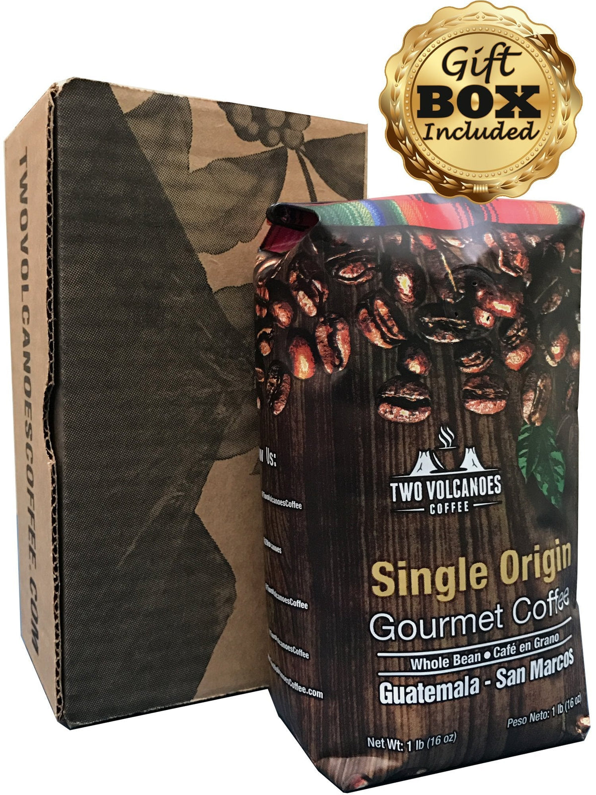 Two Volcanoes Coffee - Gourmet Guatemala Single-Origin Whole Bean, Medium Roast, 1 lb