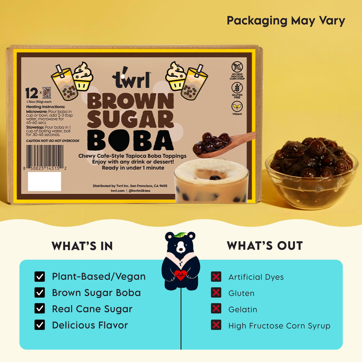 Twrl M!lk Tea Brown Sugar Boba Toppings – Cafe-Style Tapioca Pearls, Gluten-Free & Vegan (12 Servings)