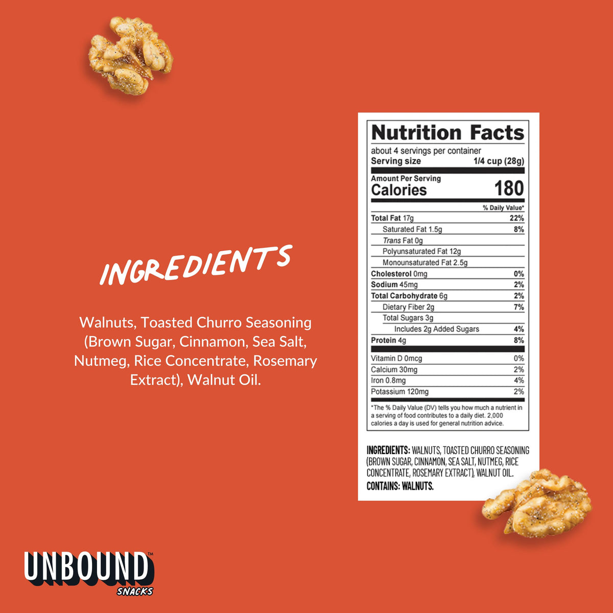 Unbound Snacks Toasted Churro Walnuts – 4 oz Pack of 4 | Gluten Free, Vegan, 4g Protein