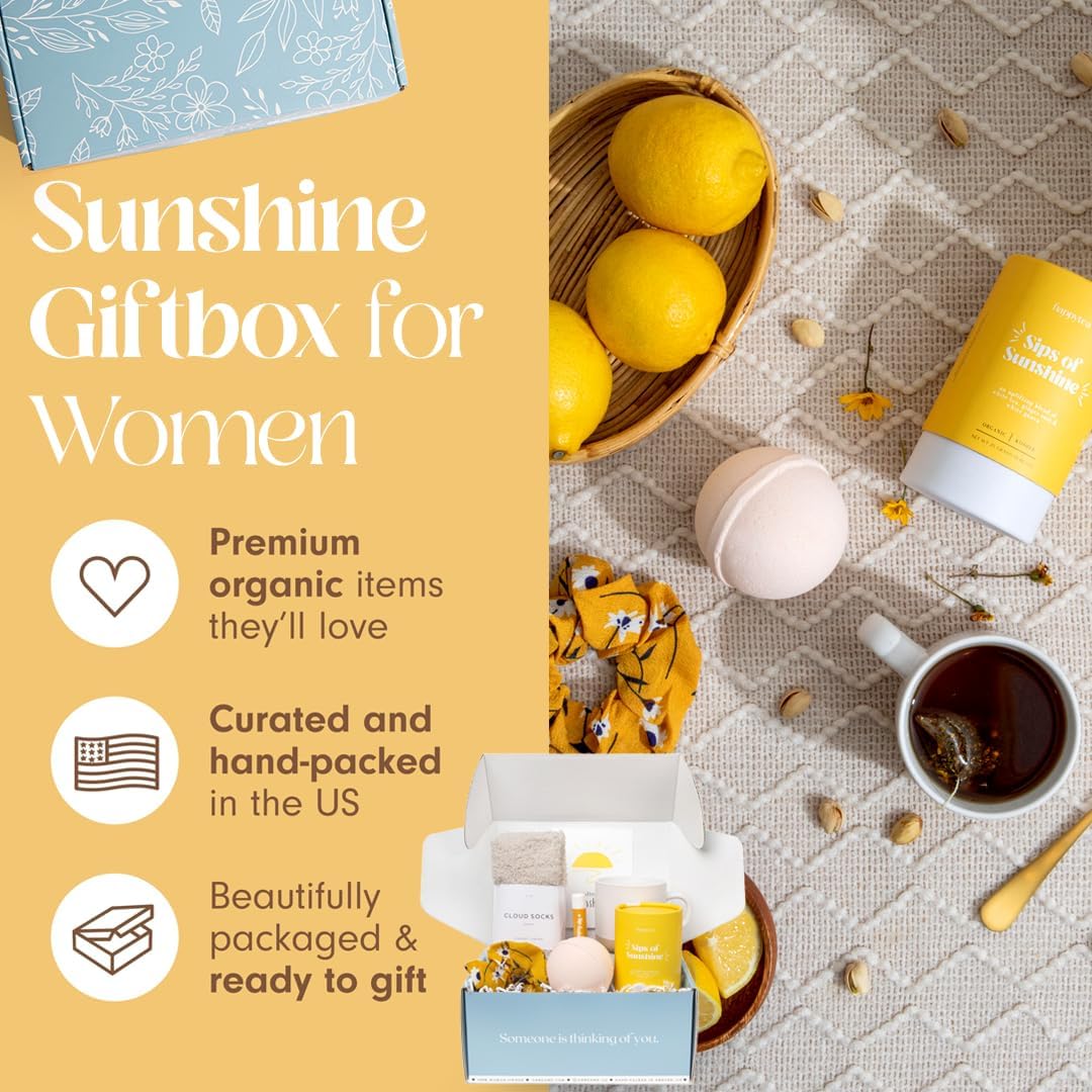 Unboxme Sunshine Spa Gift Basket for Women | Mother's Day Gift Set with Tea, Mug, Bath Bomb & Socks